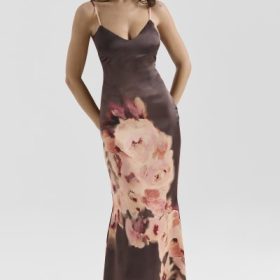 Mariamma Dark Brown Floral Printed Satin Maxi Dress - Image 7