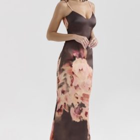 Mariamma Dark Brown Floral Printed Satin Maxi Dress - Image 9