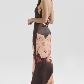 Mariamma Dark Brown Floral Printed Satin Maxi Dress - Image 10