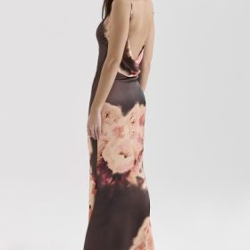 Mariamma Dark Brown Floral Printed Satin Maxi Dress - Image 11