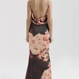 Mariamma Dark Brown Floral Printed Satin Maxi Dress - Image 12