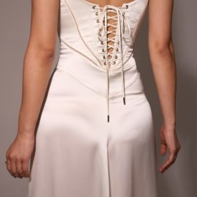 Anabella Ivory Satin Lace Up Maxi Dress