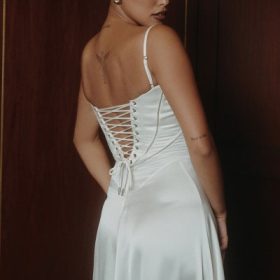 Anabella Ivory Satin Lace Up Maxi Dress - Image 11