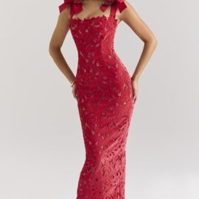 Tiff Holly Red Velvet Lace Maxi Dress - Image 7