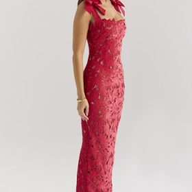 Tiff Holly Red Velvet Lace Maxi Dress - Image 8