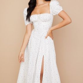 Tallulah White Floral Puff Sleeve Midi Dress - Image 9