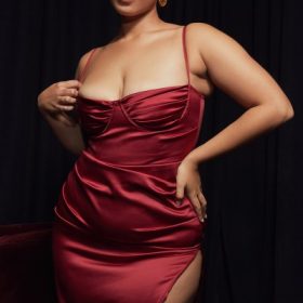Flora Wine Satin Pleated Corset Midi Dress