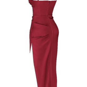 Flora Wine Satin Pleated Corset Midi Dress - Image 3