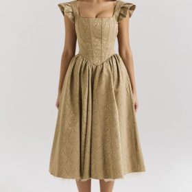 Alessandra Gold Jacquard Midi Dress with Detachable Bow - Image 5