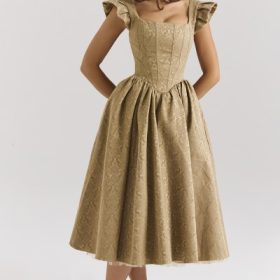 Alessandra Gold Jacquard Midi Dress with Detachable Bow - Image 7