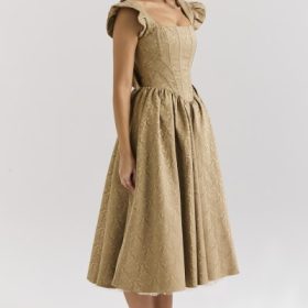 Alessandra Gold Jacquard Midi Dress with Detachable Bow - Image 8