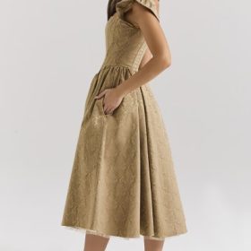 Alessandra Gold Jacquard Midi Dress with Detachable Bow - Image 9