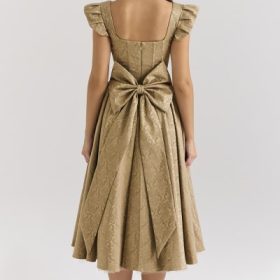 Alessandra Gold Jacquard Midi Dress with Detachable Bow - Image 10
