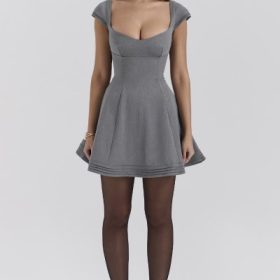 Cheri French Grey Fitted Mini Dress with Voluminous Skirt - Image 7