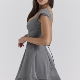 Cheri French Grey Fitted Mini Dress with Voluminous Skirt - Image 9