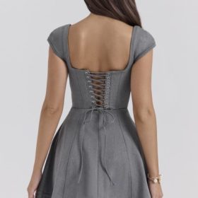 Cheri French Grey Fitted Mini Dress with Voluminous Skirt - Image 10