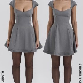 Cheri French Grey Fitted Mini Dress with Voluminous Skirt - Image 11