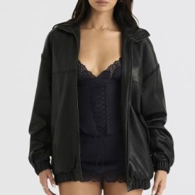 Larissa Black Vegan Leather Oversized Bomber Jacket - Image 5