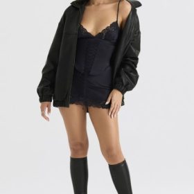 Larissa Black Vegan Leather Oversized Bomber Jacket - Image 8