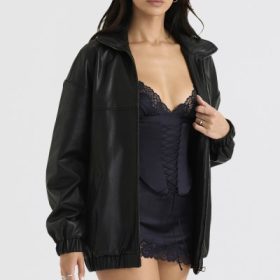 Larissa Black Vegan Leather Oversized Bomber Jacket - Image 9