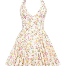 Valentia Ivory Meadow Print Cotton Halter Mini Dress - Image 2