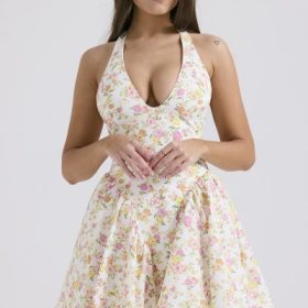 Valentia Ivory Meadow Print Cotton Halter Mini Dress - Image 9