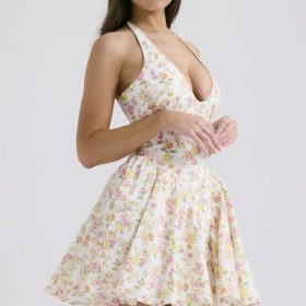 Valentia Ivory Meadow Print Cotton Halter Mini Dress - Image 11