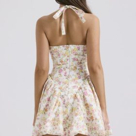 Valentia Ivory Meadow Print Cotton Halter Mini Dress - Image 13