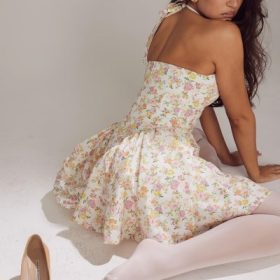 Valentia Ivory Meadow Print Cotton Halter Mini Dress - Image 14