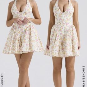 Valentia Ivory Meadow Print Cotton Halter Mini Dress - Image 15