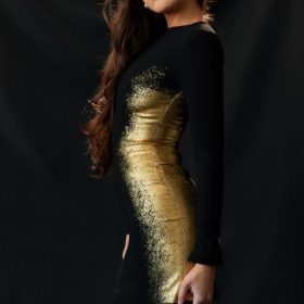 Domenica Black & Gold Foil Print Mini Dress