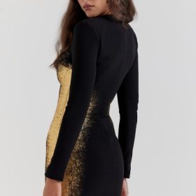 Domenica Black & Gold Foil Print Mini Dress - Image 11