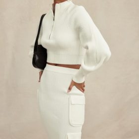 Maeve White Ribbed Knit Cargo Skirt