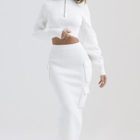 Maeve White Ribbed Knit Cargo Skirt - Image 6