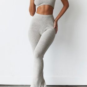 Raven Oatmeal Ribbed Knit Flared Trousers - Image 5