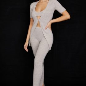 Raven Oatmeal Ribbed Knit Flared Trousers - Image 7