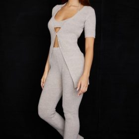 Raven Oatmeal Ribbed Knit Flared Trousers - Image 8