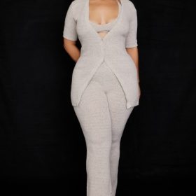 Raven Oatmeal Ribbed Knit Flared Trousers - Image 10