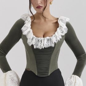 Jacinda Forest Green Velvet Lace Trimmed Corset Top - Image 5
