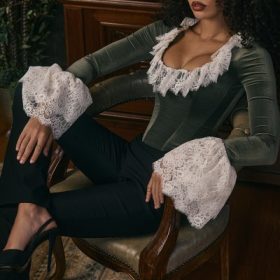 Jacinda Forest Green Velvet Lace Trimmed Corset Top - Image 6