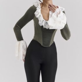 Jacinda Forest Green Velvet Lace Trimmed Corset Top - Image 7