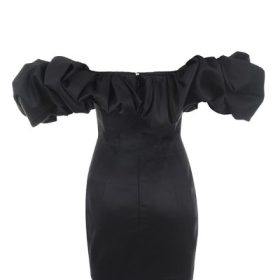 Selena Black Satin Puff Shoulder Dress - Image 2
