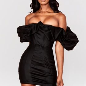 Selena Black Satin Puff Shoulder Dress - Image 5