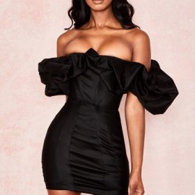 Selena Black Satin Puff Shoulder Dress - Image 13