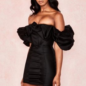 Selena Black Satin Puff Shoulder Dress - Image 17