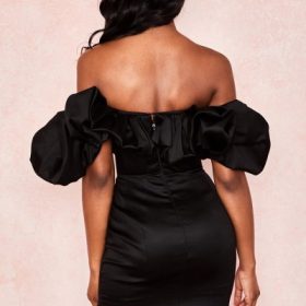 Selena Black Satin Puff Shoulder Dress - Image 19