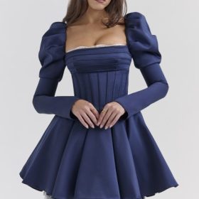 Venetia Midnight Satin Puff Sleeve Mini Dress - Image 5