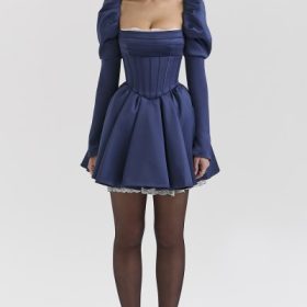 Venetia Midnight Satin Puff Sleeve Mini Dress - Image 7