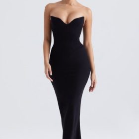 Sabine Black Crepe Strapless Corset Dress - Image 8