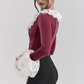 Jacinda Cabernet Velvet Lace Trimmed Corset Top